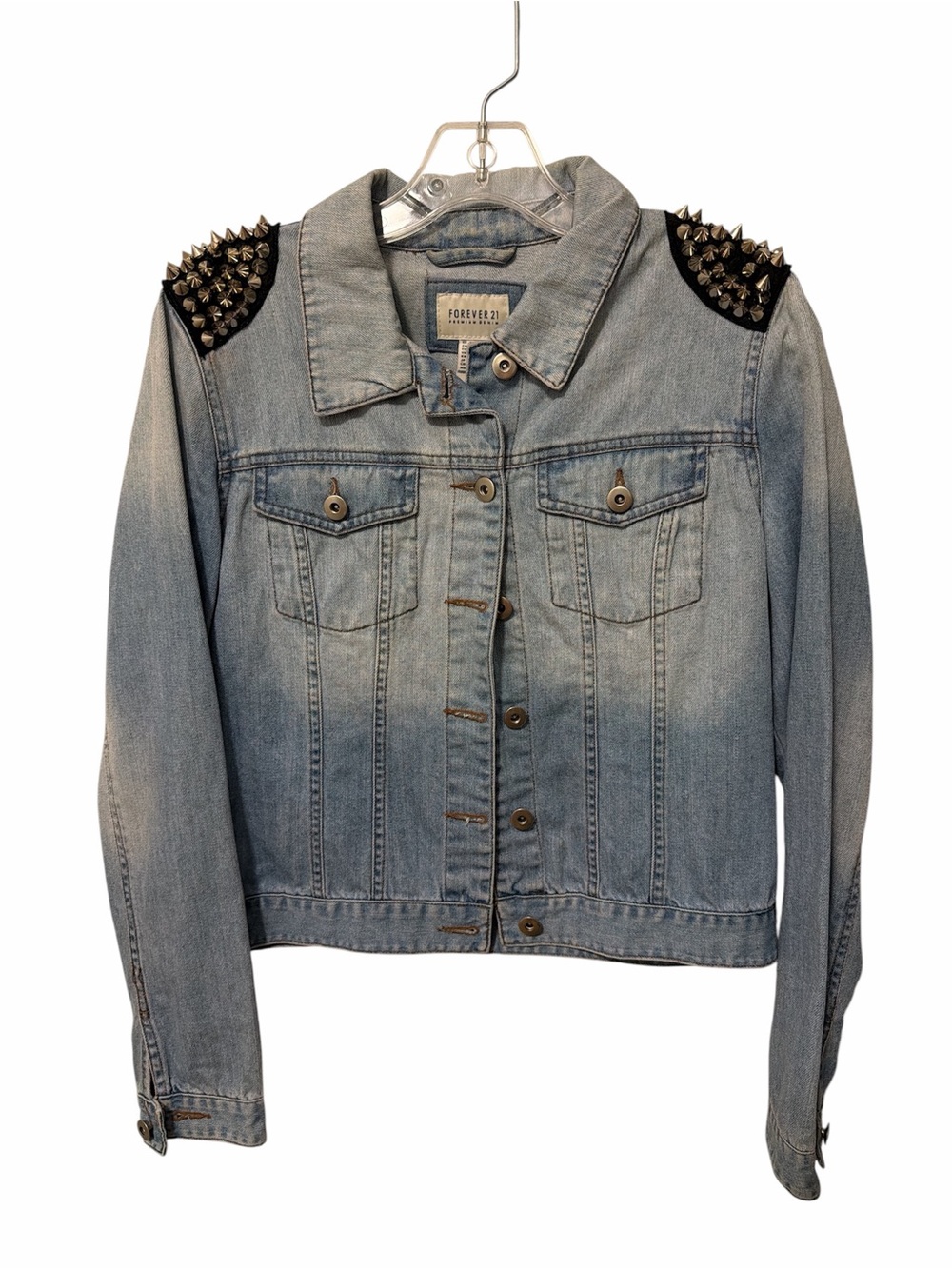 Forever 21 Light Blue Denim Jacket with Studded Shoulder Accents